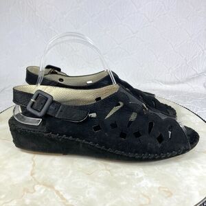 La Plume Shoes Womens 9.5 Black Suede Cutout Peep Toe Casual Walking Slingback